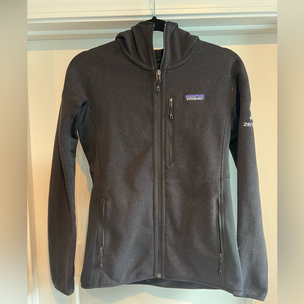 Black Patagonia zip up hooded jacket